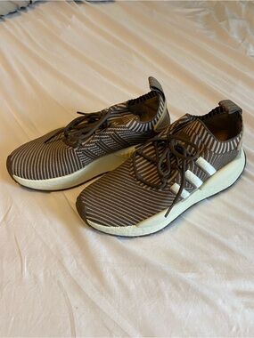 adidas Brown Knit NMD Athletic Sneakers with Cream Stripes